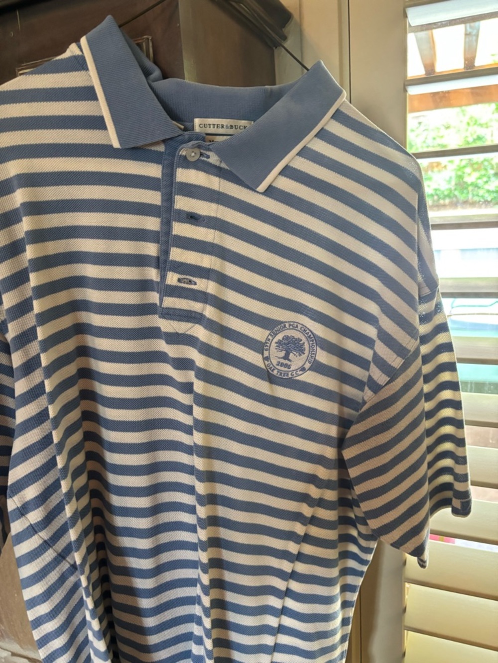 Men's Light Blue and White Striped Polo PGA Oaktree 2006